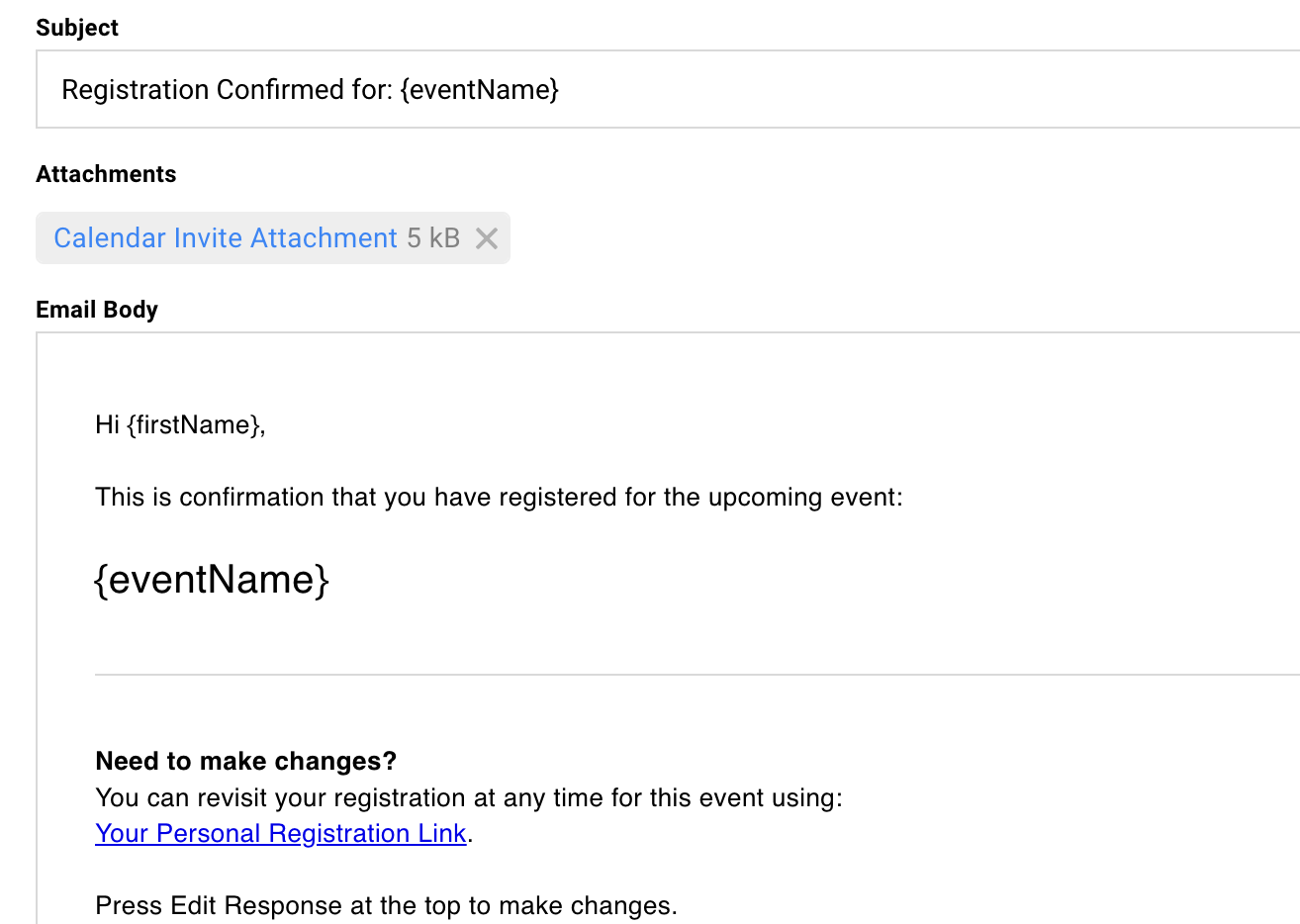 Calendar invite attached to the Confirmation email delivering the event to guests' calendars