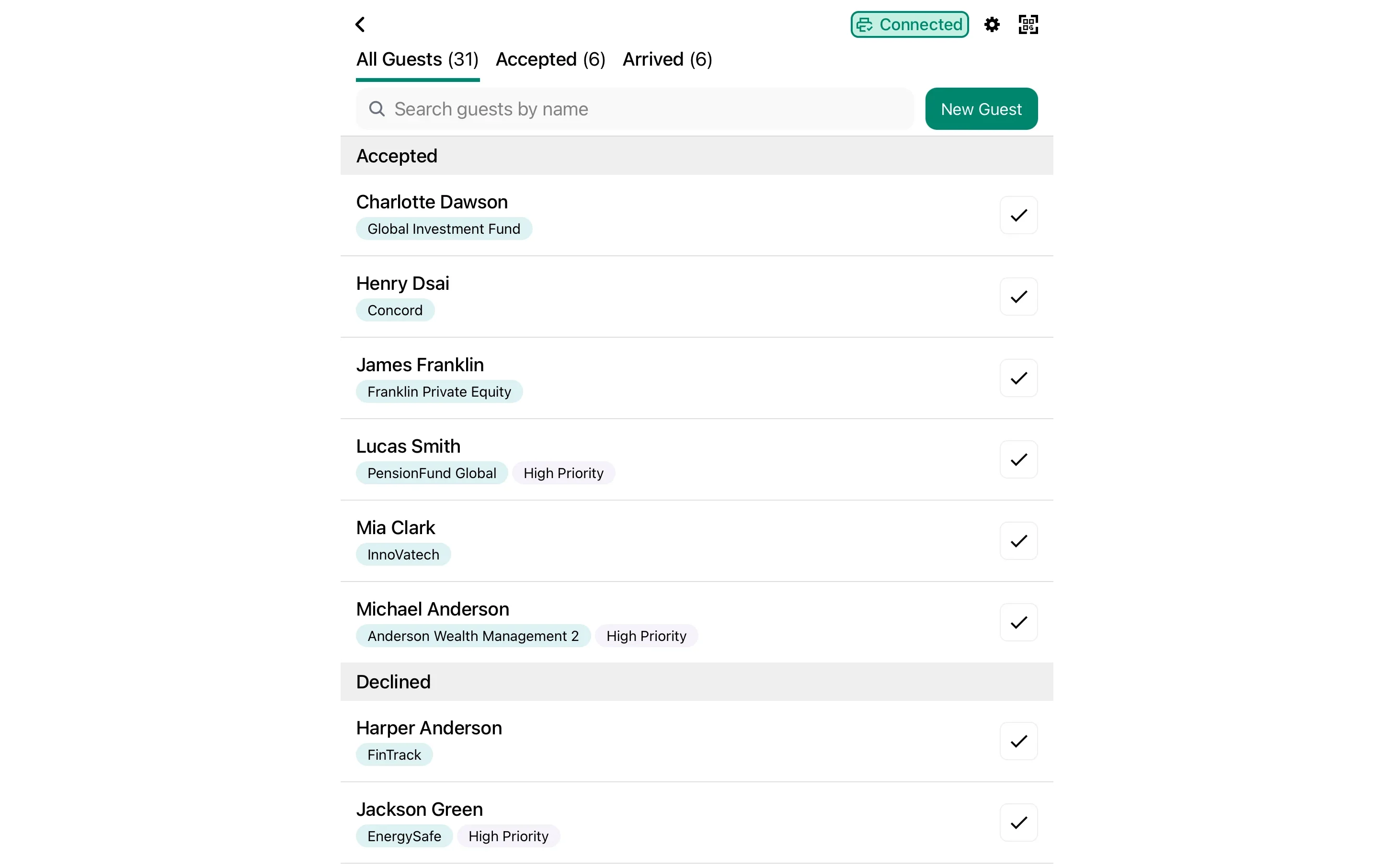 iOS app check-in screen showing guest list with gear icon settings