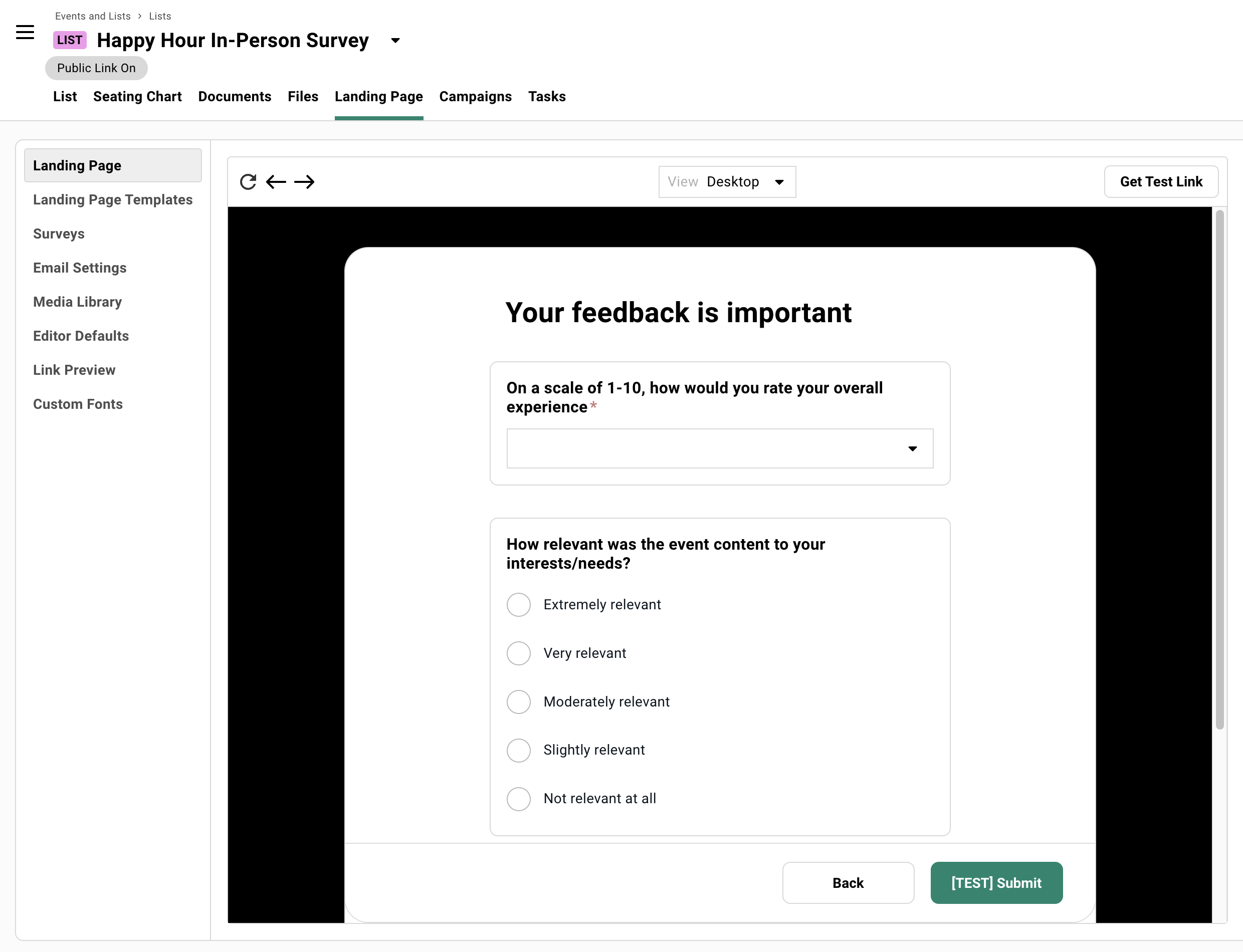 A screenshot of a post-event survey using a Gatsby contact list. It shows questions like, 'How would you rate your overall experience'