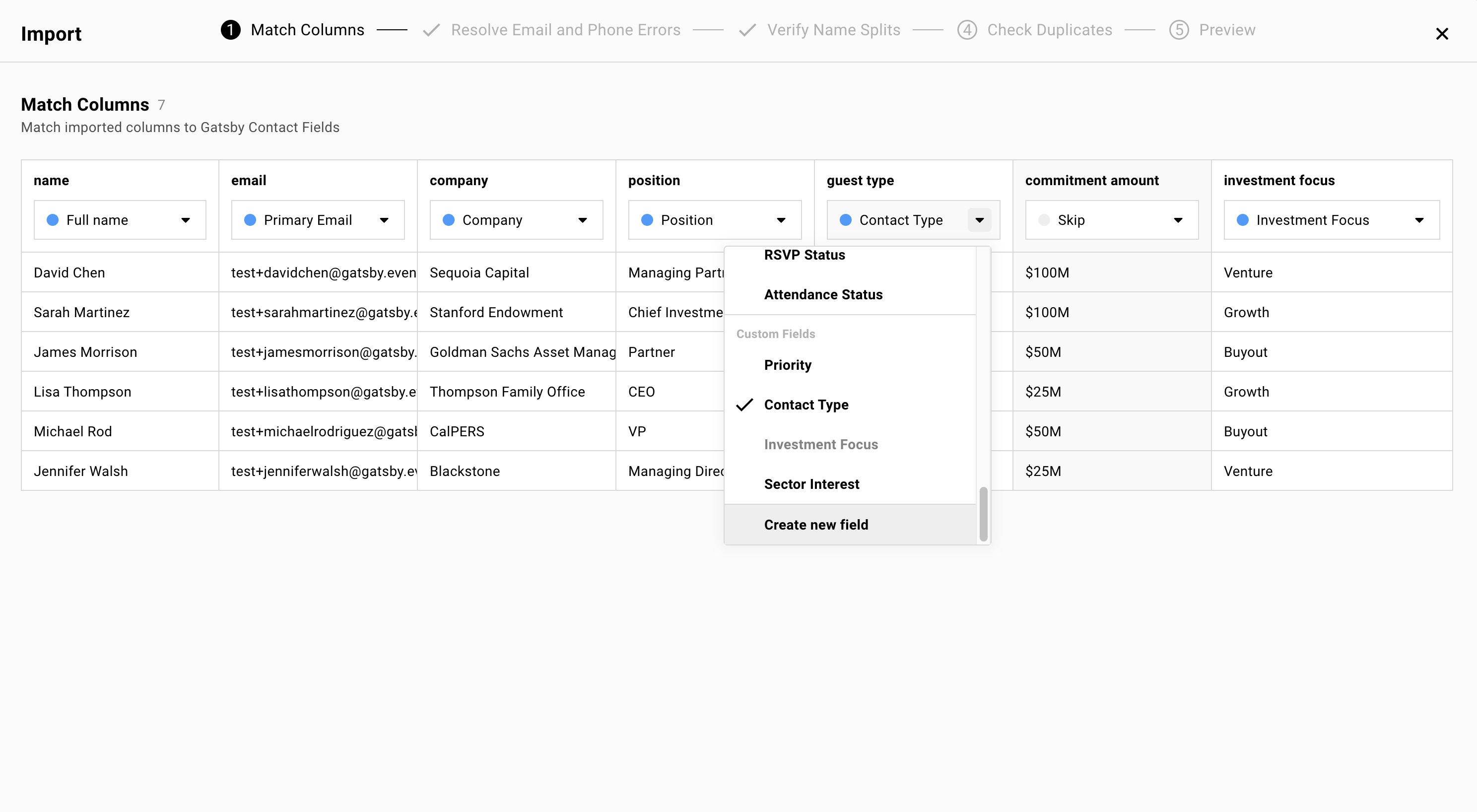 Showing the Gatsby CSV importer tool with different options to map guest data to custom fields. 