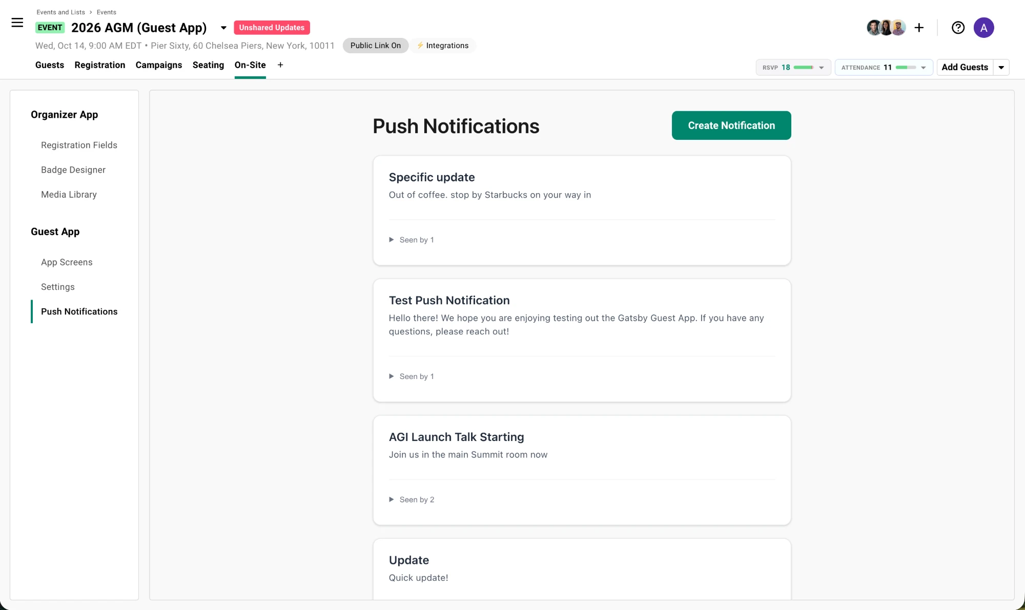 The Push Notifications page under the On-Site tab, listing sent notifications with their titles, messages, and a Seen by count for each, beside the Create Notification button