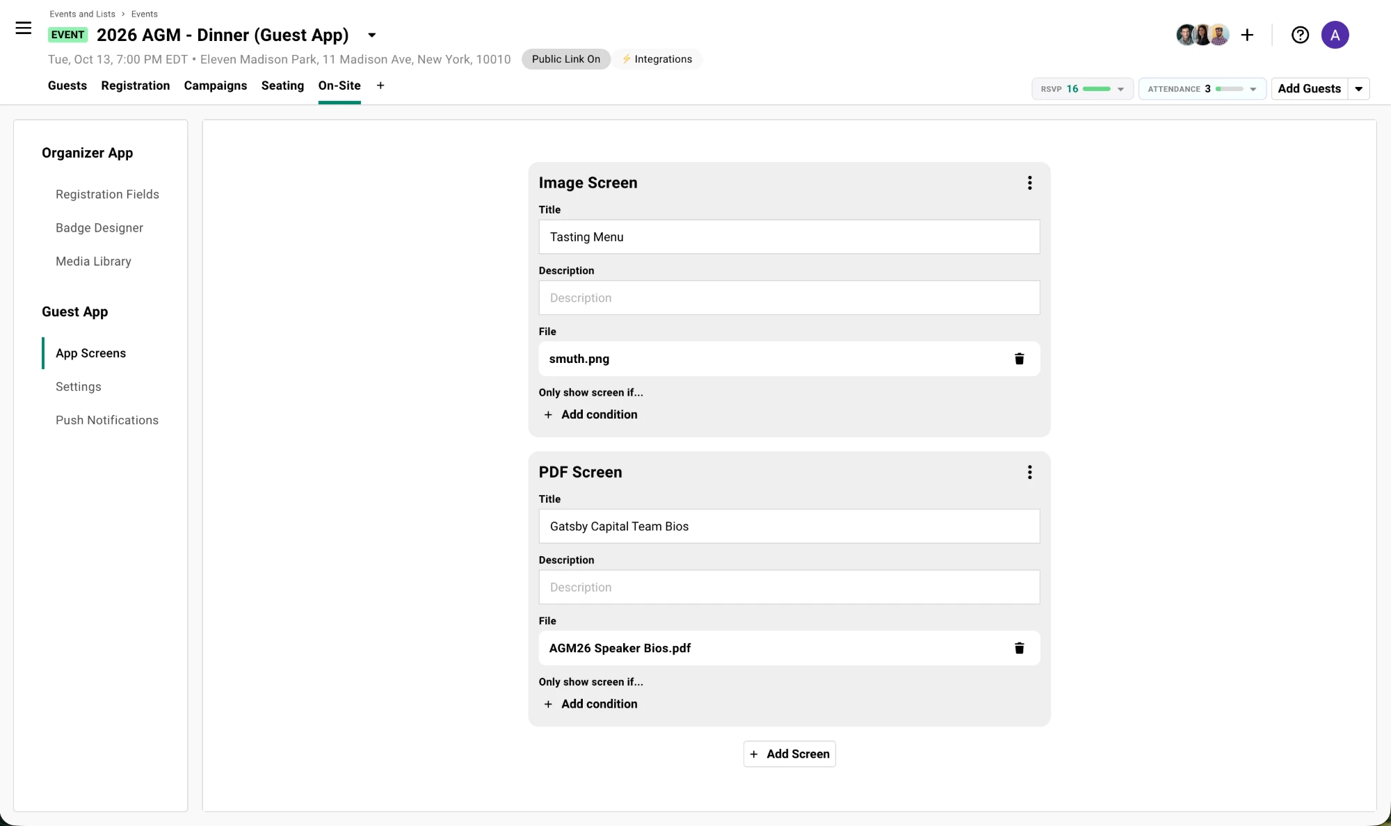 The App Screens page under the On-Site tab, showing an Image Screen for a tasting menu and a PDF Screen for team bios, each with title, description, file, and an Add condition option, above the Add Screen button