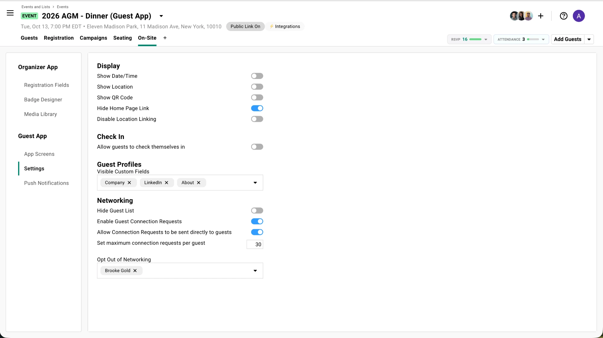The Settings page under the On-Site tab, with Display toggles for date, location and QR code, a Check In toggle for guest self check-in, Visible Custom Fields for guest profiles, and Networking controls for connection requests and opt-outs