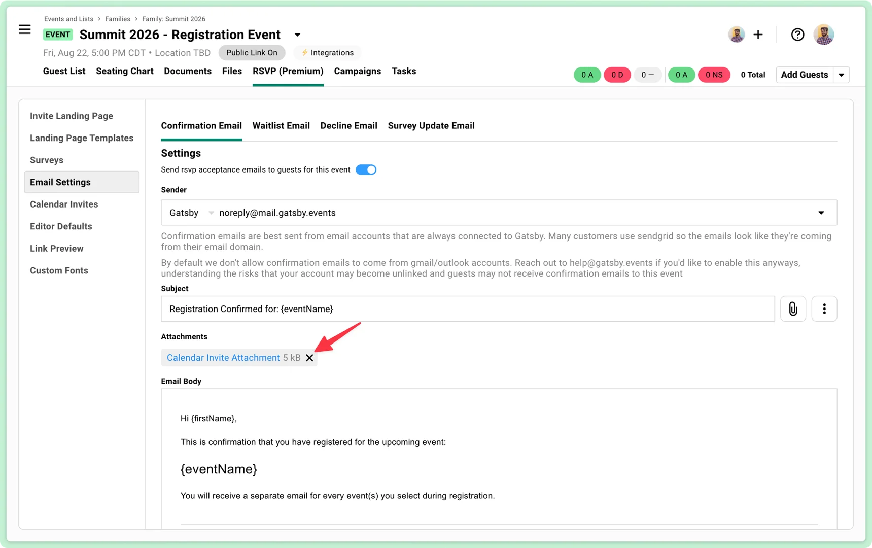 Screenshot showing where to remove a calendar invite from a confirmation email in Gatsby