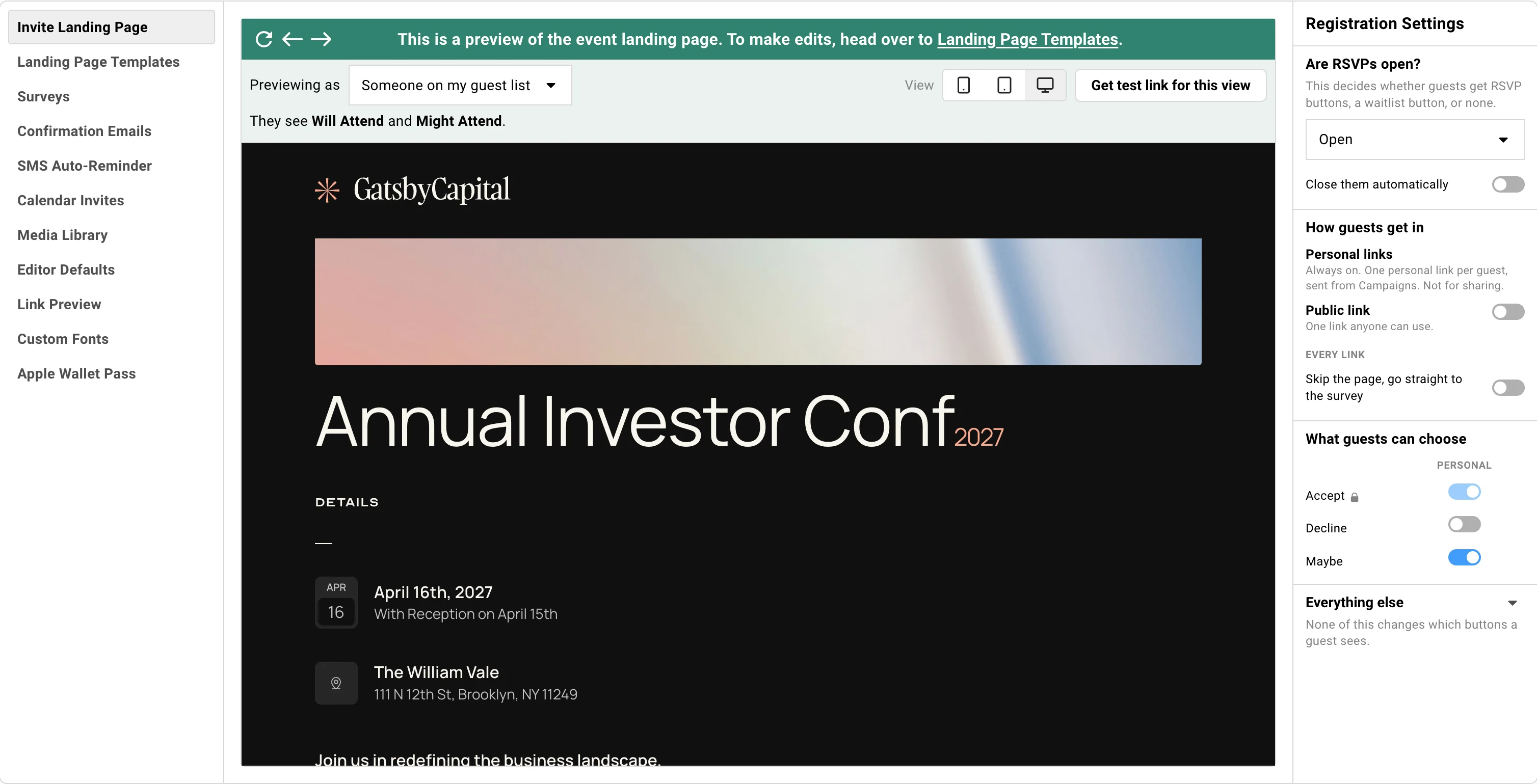 An example of what an event registration website looks like in Gatsby. 