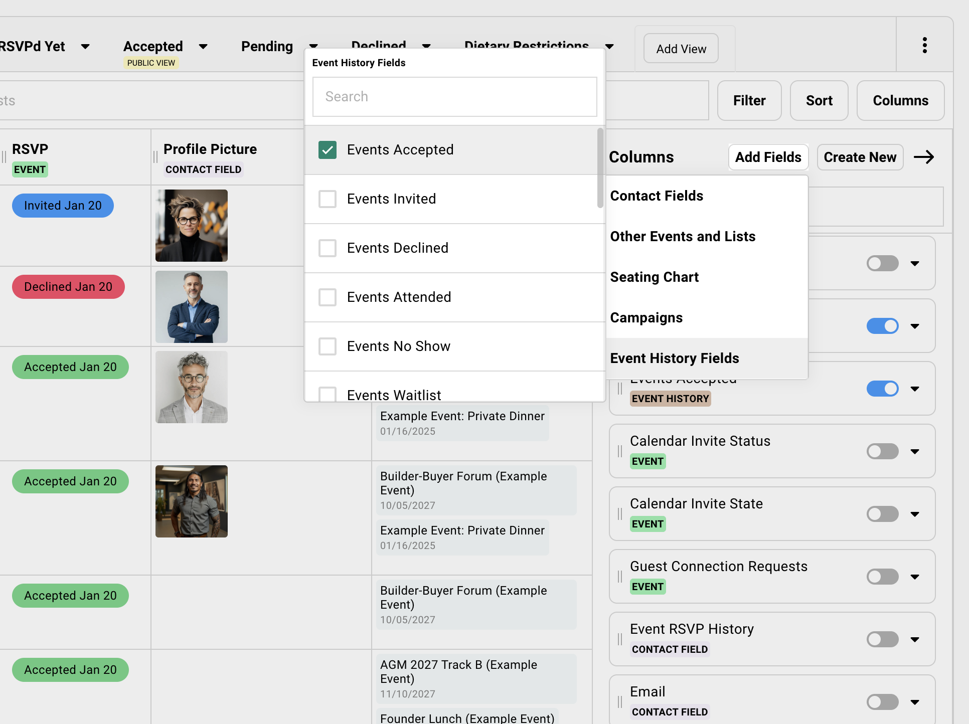 Showing the Add Fields option to add columns to your guest list
