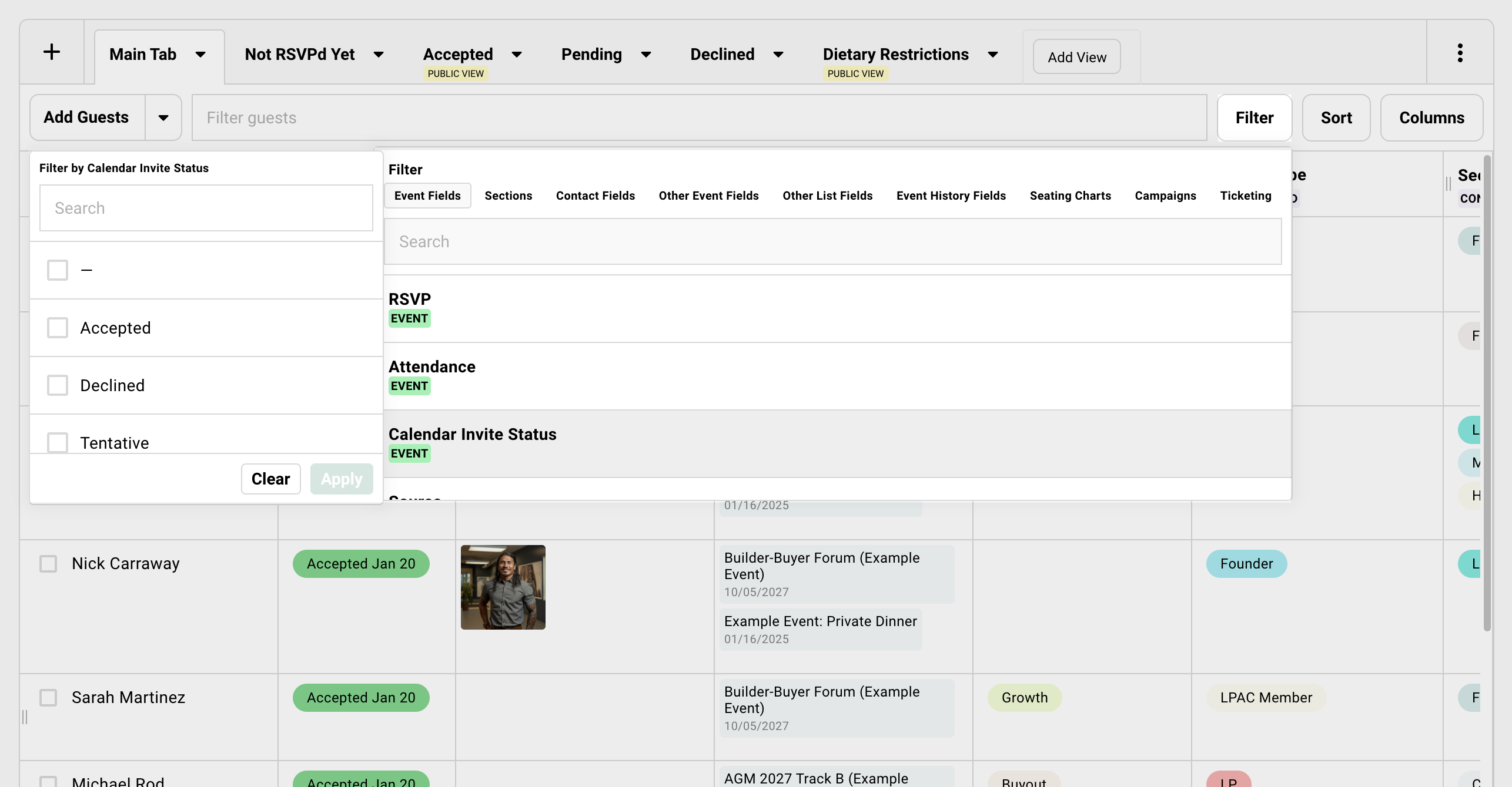 Showing Filter menu on the Guests tab to filter by different fields