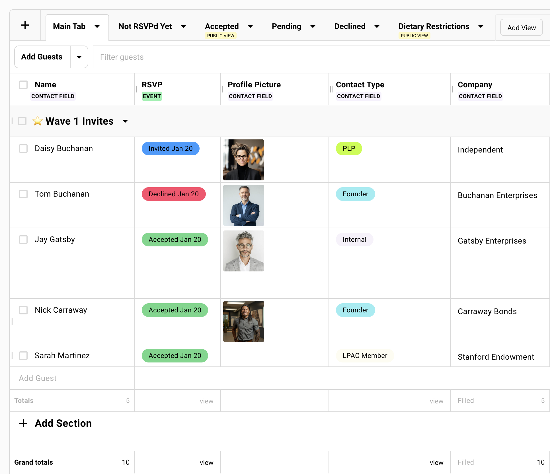 Showing sections on the guest list with Wave 1 and Wave 2 groups