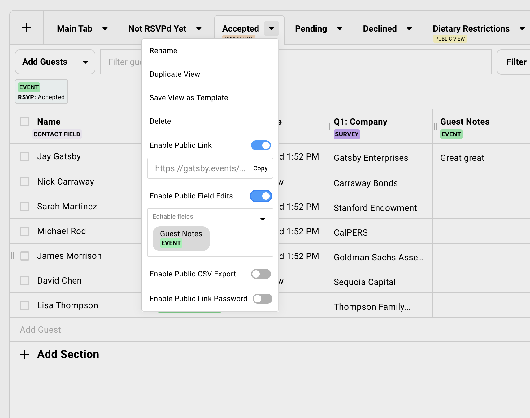 Showing how to share a guest list view