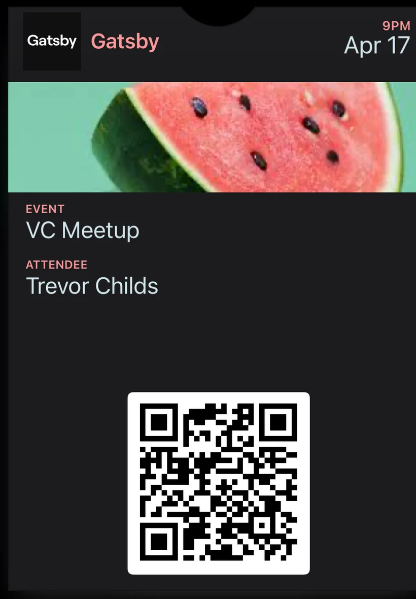 An Apple Wallet Pass on iPhone showing event name, date, guest name, strip image, and QR code for check-in