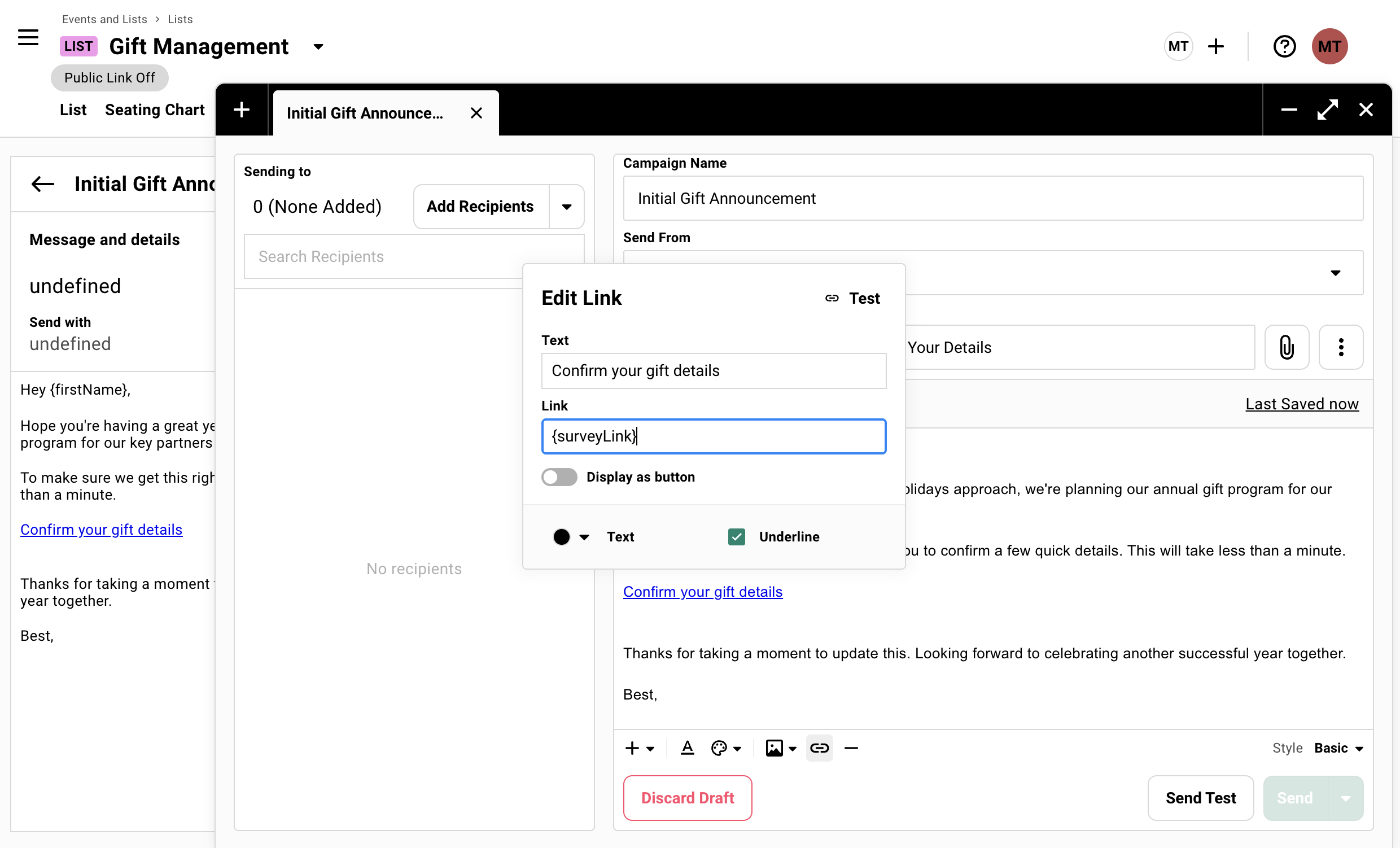 Email campaign with personalized survey link