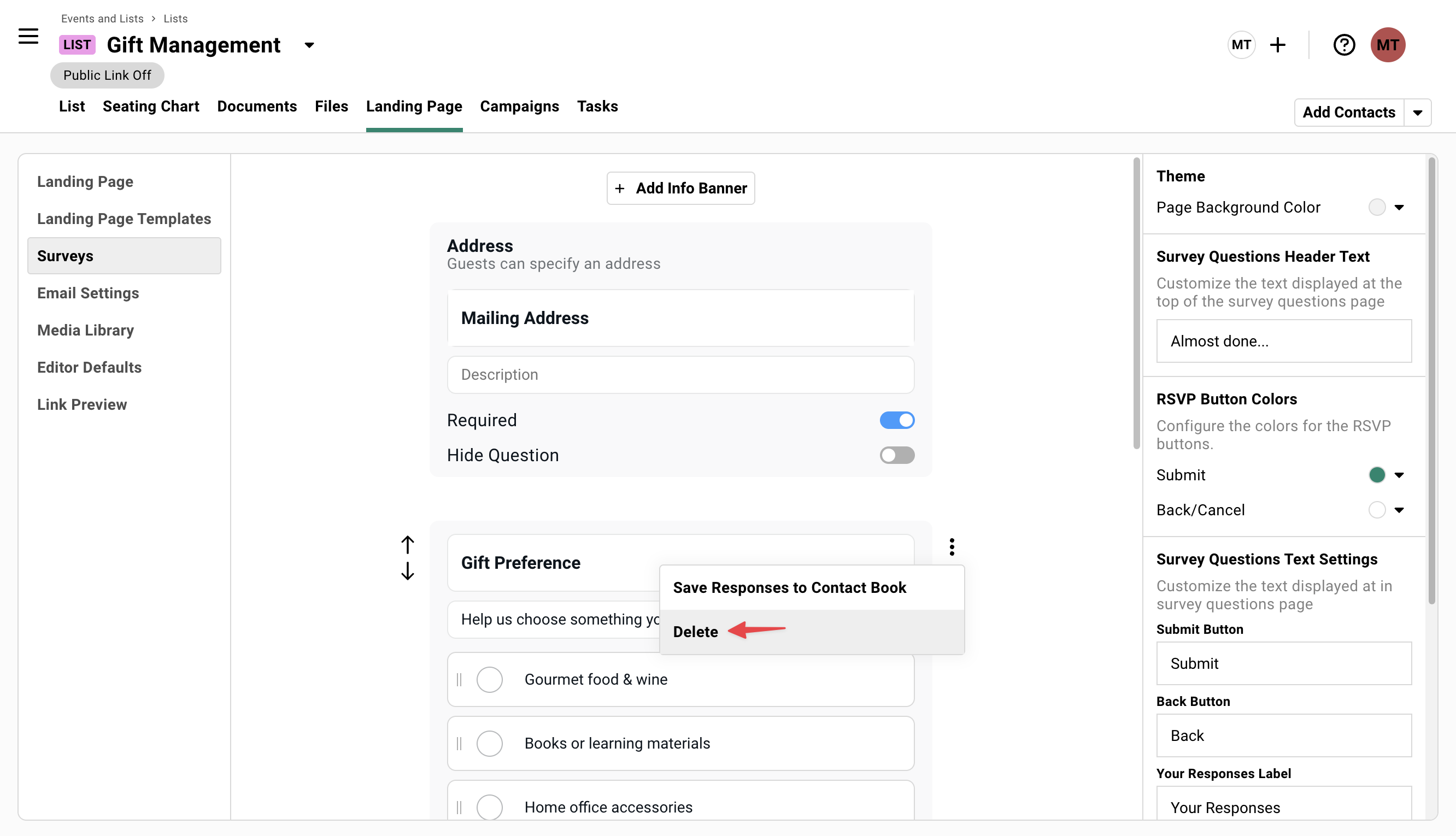 It's a screenshot showing how to edit your survey or registration form so you can delete questions on it.