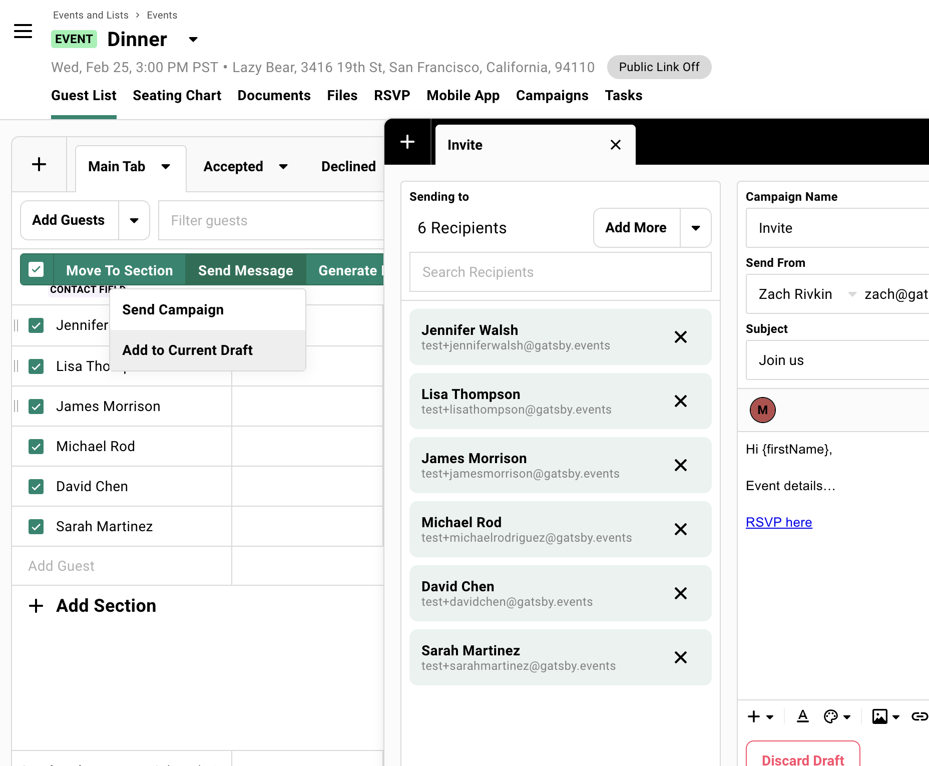 Screenshot showing the guest list, an open campaign email, and the Send Message option highlighted
