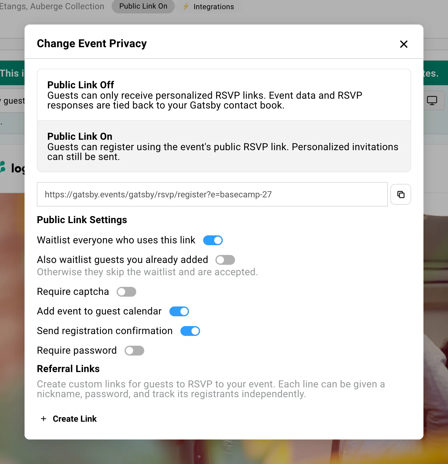 This screenshot shows what it looks like to enable an open registration link in the public link dialog box.
