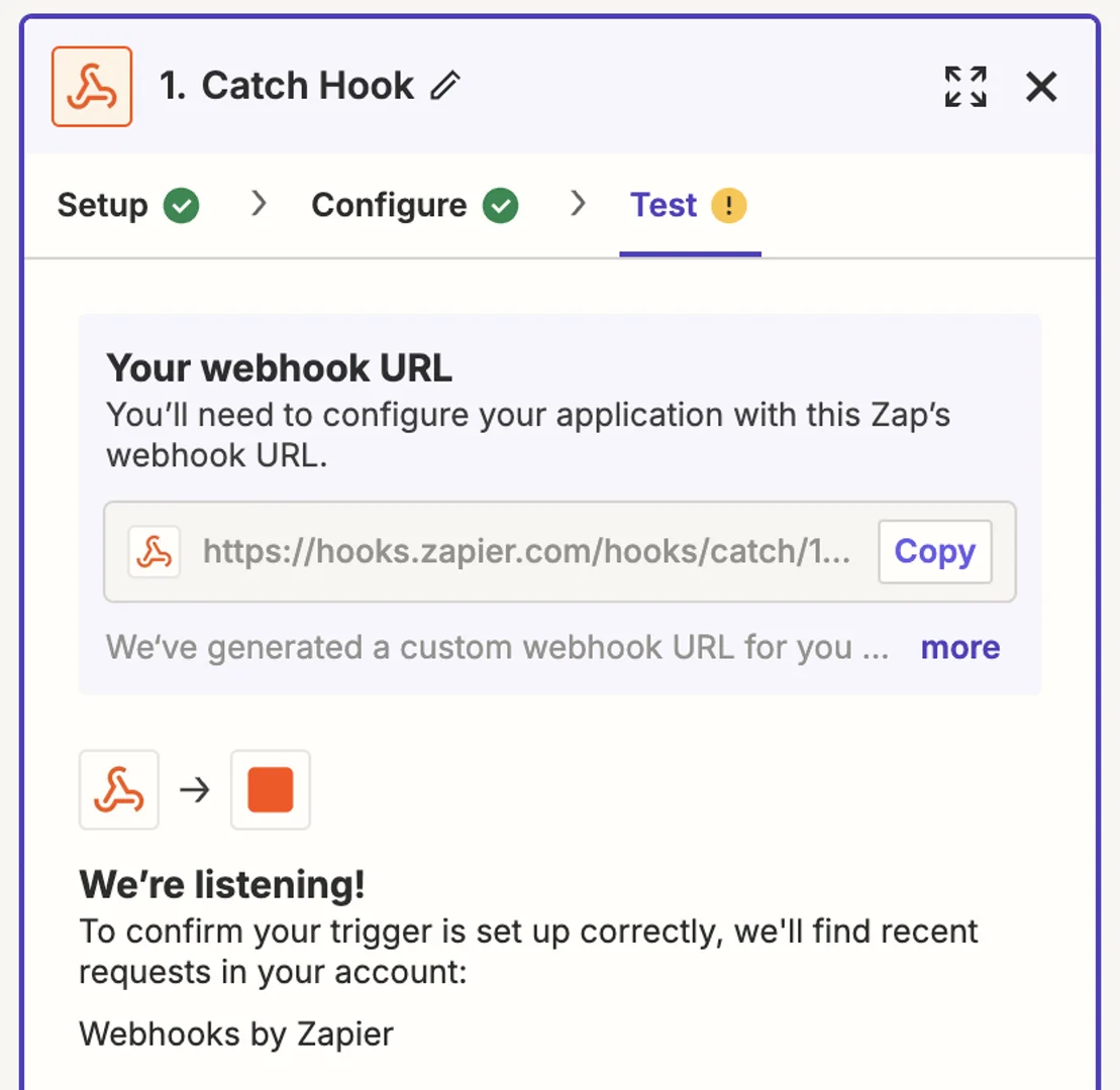 Screenshot from Zapier showing the webhook URL to copy